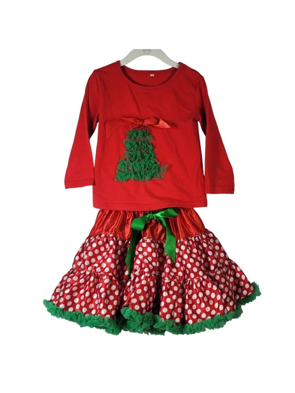 Girls Christmas 2 Piece Outfit Full Skirt Red Green Size 6 130 Long Sleeve Top